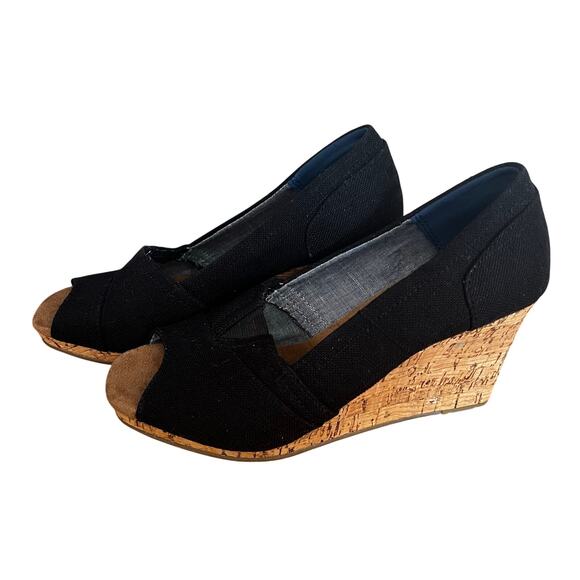 TOMS Black Canvas Peep Toe Cork Wedges NWOB | 7 - Picture 3 of 5
